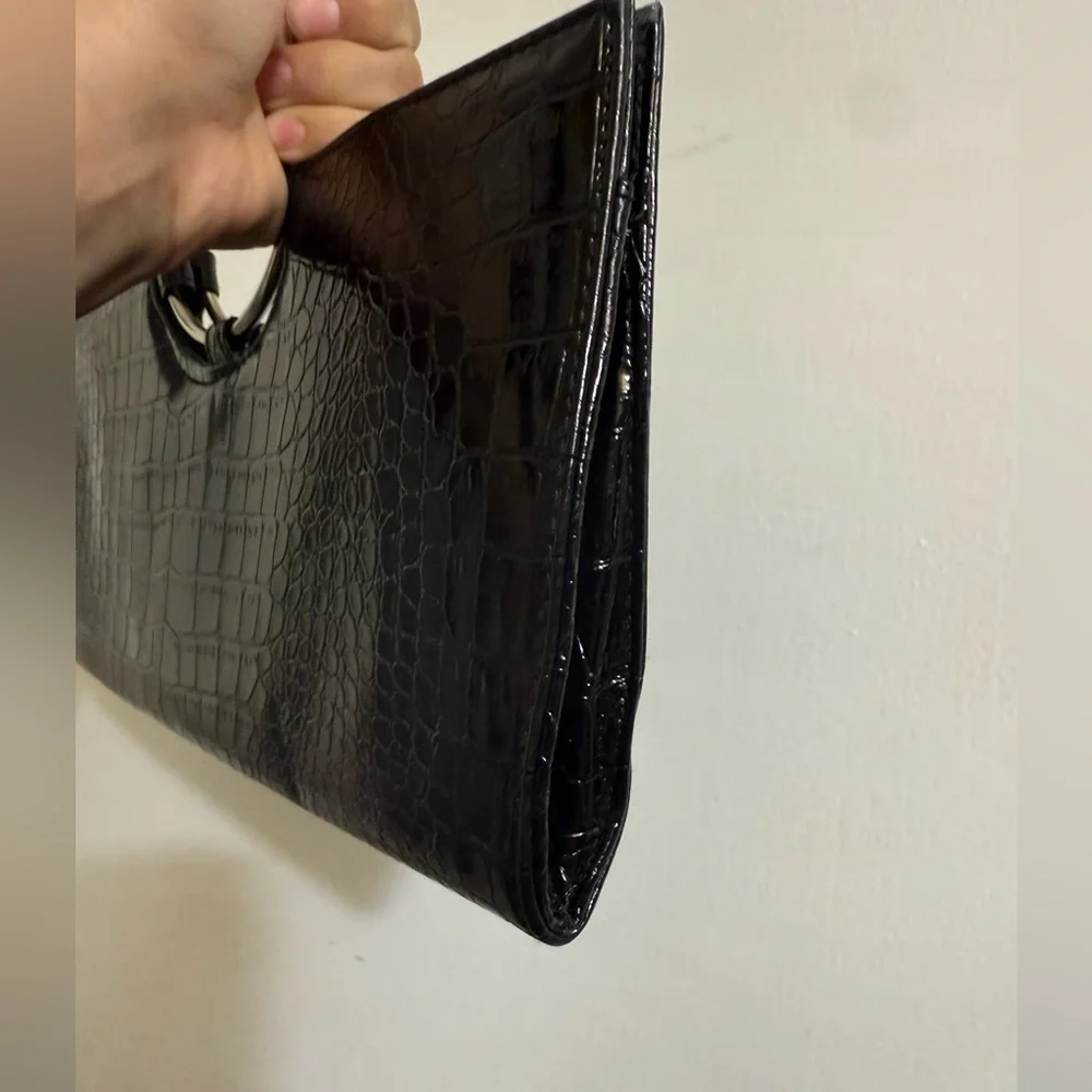 Giannini‎ Black Crocodile-Embossed Clutch with Silver Ring Handle